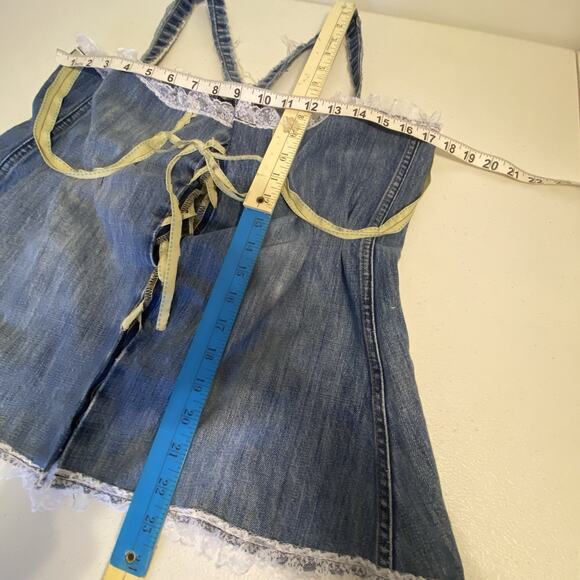 VTG OldNavy BlueDenim LaceTrim Corset Coquette Babydoll Handmade Up cycle L/XL - Picture 2 of 13